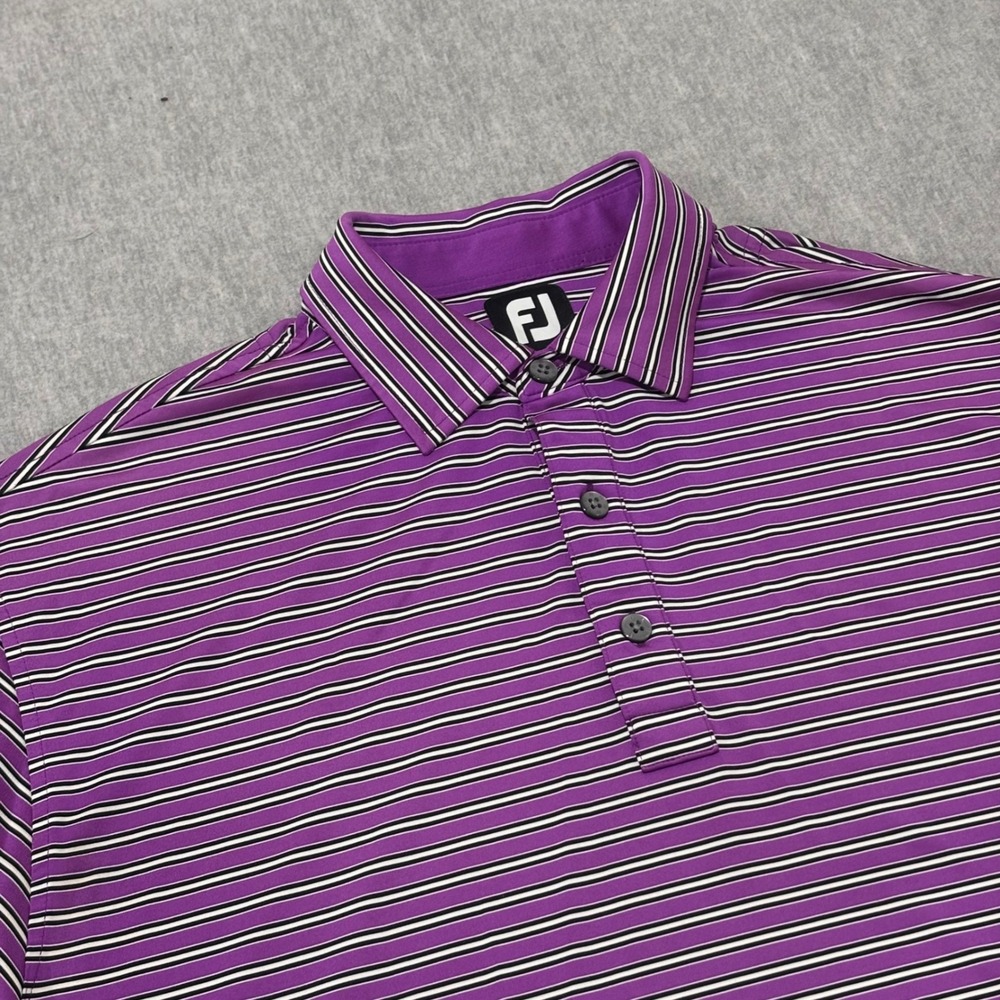 FootJoy Mens Large Purple Striped ProDry Golf Polo Shirt Burning Tree Club Logo